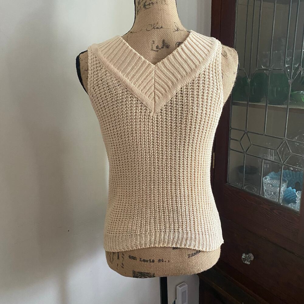 Vintage 80s Currants Jeri Jo Knit Sweater Vest Cream V-Neck Open Stitch Top XS - Picture 6 of 17
